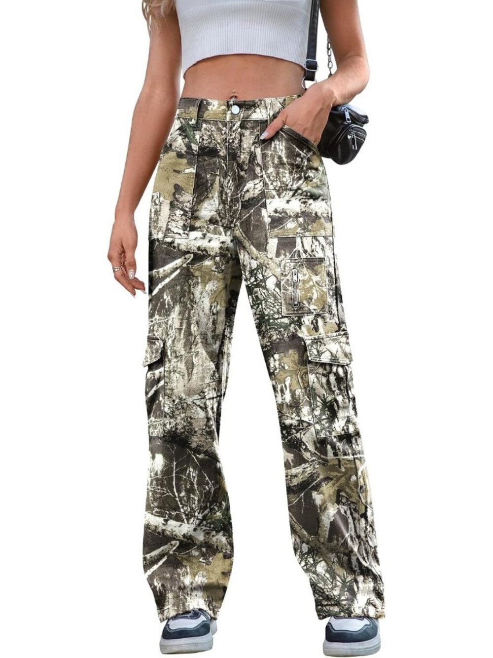 Women's Camo Green Denim Y2k High Waist Wide Leg 7 Pockets Baggy Jeans